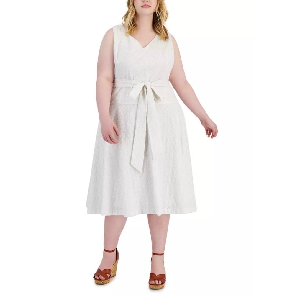 TAYLOR Plus Size Cotton Embroidered Tie-Waist Dress White 20W
